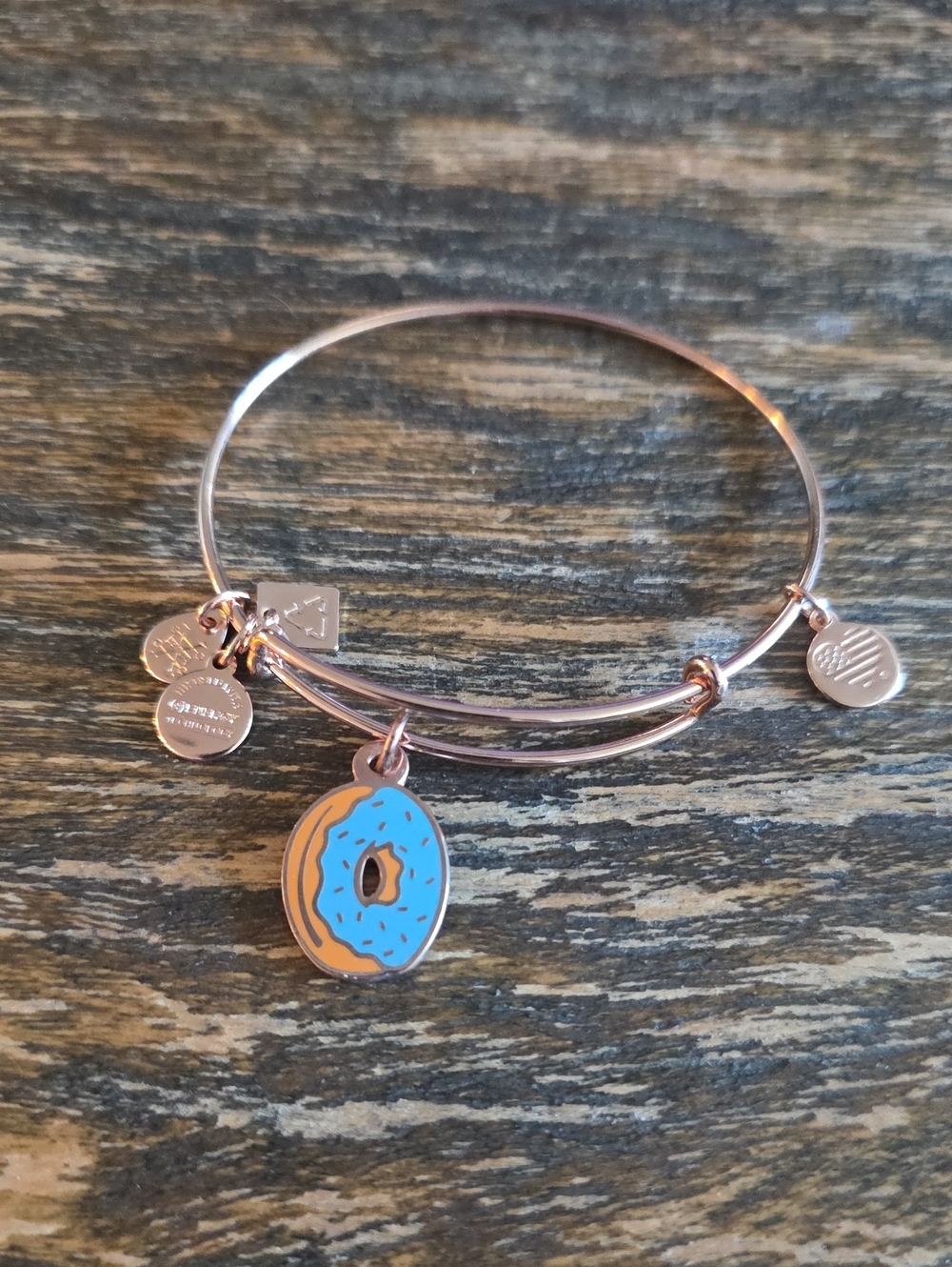 Alex and Ani Rose Gold Donut Charm Bracelet with Bright Blue Enamel